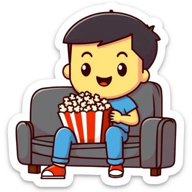 Person sitting comfortably on couch watching movie with popcorn in hand, excited expression sticker