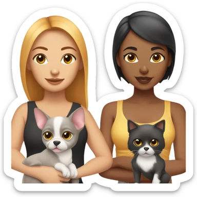 Latino woman with black staight hair and brown eyes is holding a grey sphynx kitten and a ginger/ yellowish pomeranian dog sticker