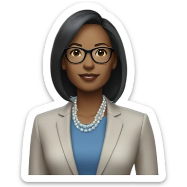 black woman ceo, black glasses, neck length straight hair, blue blazer, pearl necklace sticker