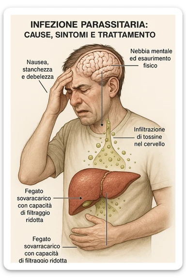 "Man feeling increasingly unwell as his liver fails to filter toxins, nausea, tiredness, and weakness overwhelming him as toxins infiltrate his brain causing confusion and irritability Parasitic Infection: Causes, Symptoms & Treatment, expression of mental fog and physical exhaustion, liver shown as overworked organ with reduced filtration capacity, toxic buildup affecting entire body systems" in italiano sticker