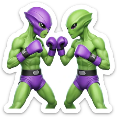 two aliens boxing in a fight stance, facing each other with raised gloves, dynamic action pose, intense expressions, sci-fi arena vibe, 3D cartoon style, mobile game icon style, clean background, no text, no watermark
 sticker