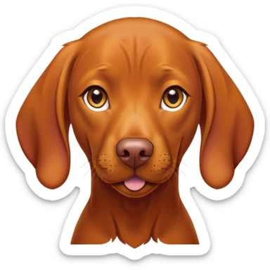 Cinematic Comical Vizsla Portrait Emoji, Head tilted dramatically with an exaggeratedly amused expression, featuring a striking rust and gold Fur with bold accents, wide, expressive amber eyes filled with playful disbelief, Simplified yet hilariously expressive features, highly detailed, glowing with a slightly sassy glow, high shine, dramatic yet playful, stylized with an air of cheeky mischief, bright and endearing, soft glowing outline, capturing the essence of a spirited and over-the-top companion, so meme-worthy it feels like it could side-eye its way into internet fame instantly! sticker
