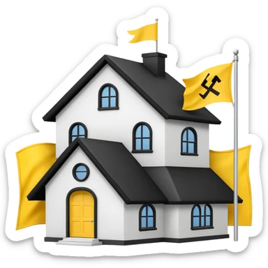 simple school, white background, magic school, black roof, with a big flag, big flag on a roof, big yellow flag, white school sticker