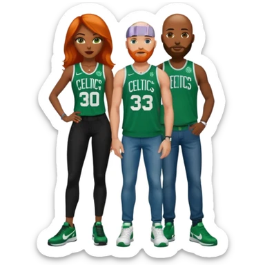 Bald white man with blue eyes, an orange beard, a Jason Tatum jersey, jeans and green/white Nike sneakers. 

48-year-old dark skin black woman with brown eyes, long dark brown hair dressed in sexy Boston celtics outfit & wearing stilettos. sticker