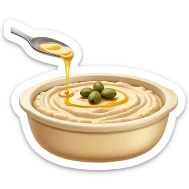 Cinematic Realistic Hummus Dish Emoji, depicted as a creamy chickpea dip drizzled with olive oil rendered with rich textures and warm, inviting lighting. sticker