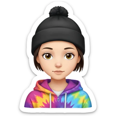 shaved haired brunette girl with a black beanie on and a tiedye hoodie sticker