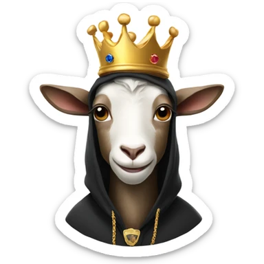 Goat with horns wearing black hoodie and a royal crown sticker
