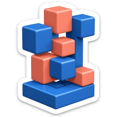 Modern minimal emoji: building blocks + connection flows + gear. Deep blue and coral colors. Professional no-code expert signature. Geometric clean style. sticker