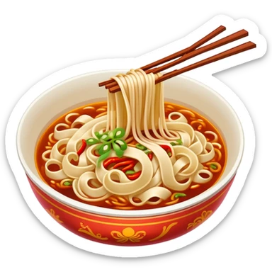 Xi'an Biangbiang noodles with extra wide belt shape and chili oil, simplified emoji style with bold outlines and bright colors, cartoon style Shaanxi specialty sticker