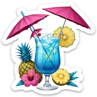 vibrant tropical fruity blue cocktail with hibiscus, pineapple slice, and paper umbrella garnish sticker