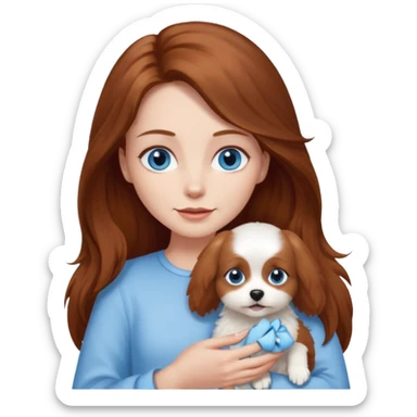 long hair chestnut color blue eyes woman holding small completely white dog sticker