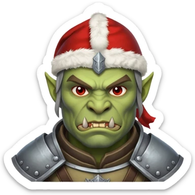 Fantasy Christmas orc legion soldier icon, iron tundra army theme, heavy winter armor, disciplined brutal look, cold steel color palette, emoji portrait, male/female variant
 sticker