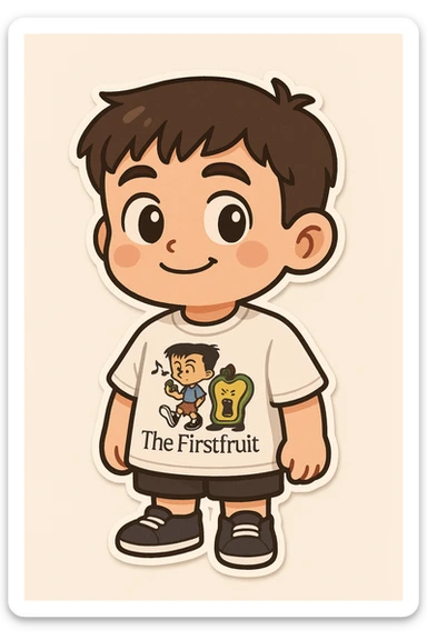 Create an emoji of a man with short dark hair, wearing a white t-shirt featuring the cartoon 'The Firstfruit' design as shown in the reference images. Capture the friendly, expressive emoji look in a chibi stickers cartoon style, emphasizing the unique print on the shirt and the cartoon style overall. sticker