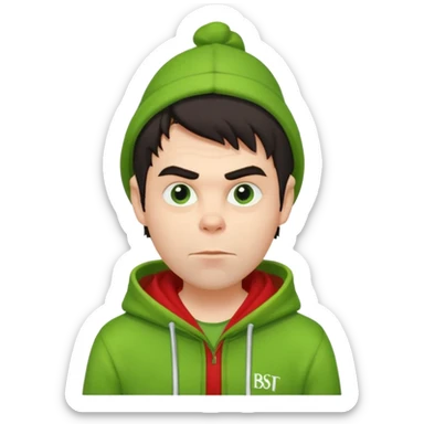 Create an avatar of white Europeanwith dark hair  male in hoodie with ``BST`` letters on it. Make background to look like from movie Grinch sticker
