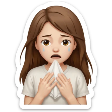 a pretty bratz fair girl crying in a loose oversized off white tshirt  with long brown hair with a tissue box sticker