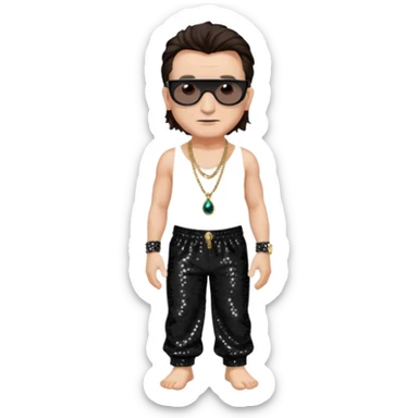 Bono with dark brown hair, black sequin baggy pants, shirtless with necklace, light skin sticker