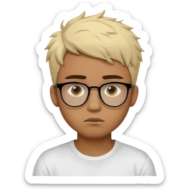 Teenager. Short buzz, messy blonde hair. Dark brown bushy eyebrows large expressive golden-brown eyes, brown skin color, scar over nose, wearing a plain white t-shirt. wearing clear thick black glasses. 20 year old male. thinking facial expression. brown skin color.  sticker