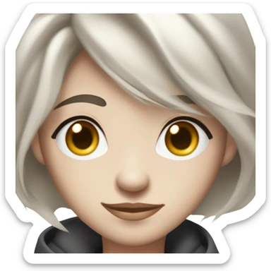 Create an Apple emoji-style digital portrait with a transparent background. The character has a sharp face shape, large almond-shaped eyes with double eyelids, and fair skin. The hairstyle is a short cut with an androgynous look, making it unclear whether the character is male or female. The expression is playful, with a wink and a mischievous smile. The character has small silver hoop earrings and a few subtle ear piercings. Only the face is visible, with no clothing included. sticker