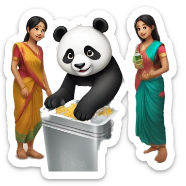 Cute panda standing in india while having air from a cooler in a crowded village of india sticker
