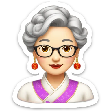 Chinese seniors lady wear Chinese traditional dress wear glasses show appreciation sign sticker