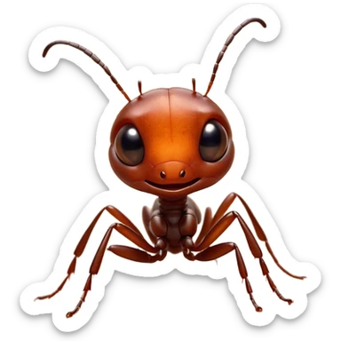 Cinematic Cute Ant Portrait Emoji, Head tilted playfully and inquisitively, featuring a minuscule, charming body with a delicately textured exoskeleton and round, sparkling eyes brimming with curious mischief, Simplified yet irresistibly adorable features, highly detailed, glowing with a warm, inviting earthy glow, high shine, affectionate and lively, stylized with a touch of whimsical industrious charm, soft glowing outline, capturing the essence of a mischievous ant that seems as if it could scurry out of the screen into your arms! sticker