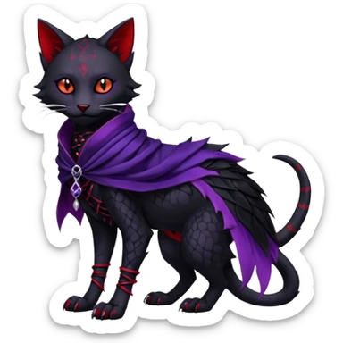 Kawaii feral, four-legged gothic dark badass black, red, purple, beautiful pretty elegant divine edgy feline-vernid-sergal-Trico-fursona-animal-creature, full body, with intricate detailed markings, silken shawl sticker
