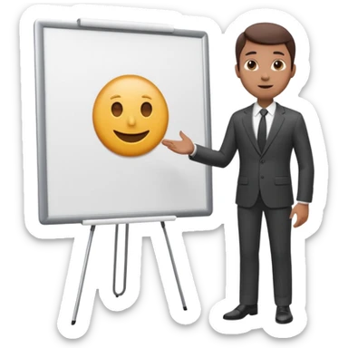 A clean emoji-style illustration of a person giving a presentation, standing next to a large presentation board on a stand, board is white and there is nothing on it, the board is oversized and clearly visible, no podium, no desk, no table, friendly proportions, soft 3D emoji style sticker