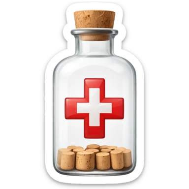 classic glass medicine bottle with a cork labeled with a red cross friendly emoji style sticker