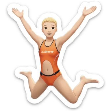 A young, inexperienced person stands at the edge of a pool named “Confidence,” mid-jump, arms open wide. Below, skilled divers are already in motion—but this person dives in with bold energy, unshaken by their lack of experience. The water sparkles,  sticker