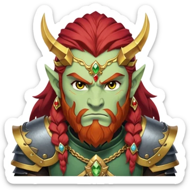 Ganondorf, Legend of Zelda, pale green skin, golden irises, black pupils, long layered red hair, short thick red beard, no mustache, thick red eyebrows connecting to hair, scowling, angry, stoic, dark armor, demon armor, large ornate forehead jewelry, topaz jewel on forehead sticker