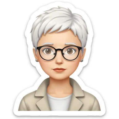 White woman with short pixie messy white hair social scientist glasses sticker