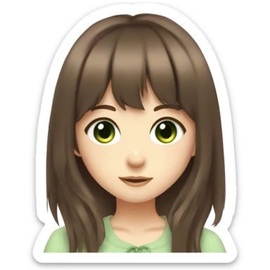 anime girl with brown hair with bangs and green eyes sticker