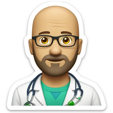 bald man with dark scruff, and blue eyes, and bright yellow stethoscope, and green glasses sticker