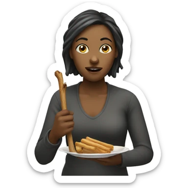 a woman is eating a stick holding wit a hand sticker
