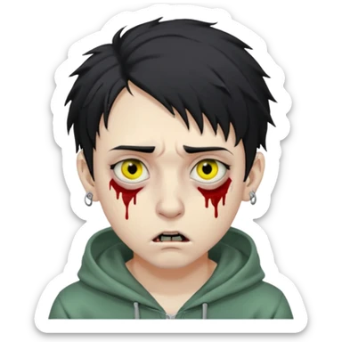 zombie emoji in WhatsApp style, young man, pale green skin, large yellowish eyes, dark circles, black messy hair, blood tears, silver eyebrow piercing, nose ring, hoodie, realistic, sharp facial features, slightly scared, creepy look sticker