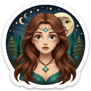 forest mystic woman long wavy brown hair tattoos half-lidded eyes moon glow sticker
