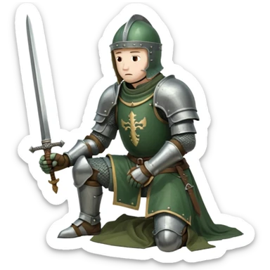 A lone medieval knight in a green worn armor kneels. His helmet is closed, hiding his face, conveying silence, exhaustion and contemplation. A long sword is planted in the ground beside him, its hilt resting near his gloved hands as if he is praying or resting after battle. sticker