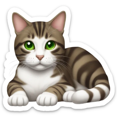 Dark brown and white Tabby Cat laying on the side with green eyes sticker