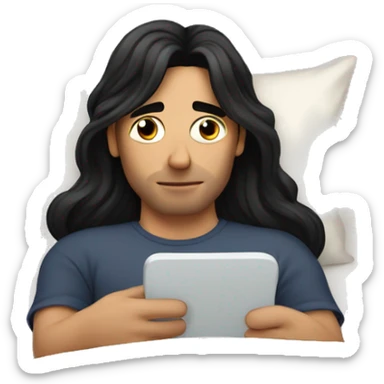 A man with long black hair cozy in bed on phone  sticker