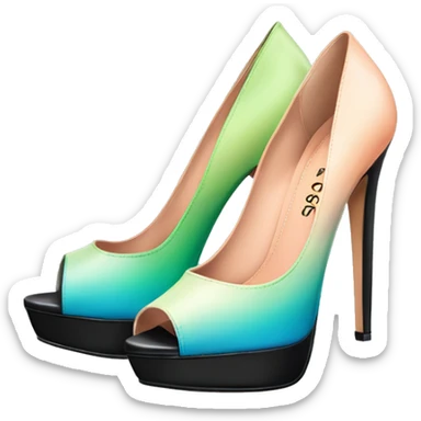 Hyper Realistic isolated top front view of a pair of black,peach,pastel green,pastel blue ombre Guess Jeans brand stiletto high heel shoes. sticker