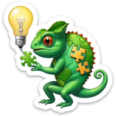 cameleon qui tien une piece de puzzle dans une main et une ampoule dans l'autre et un cerveau sur la langue sticker