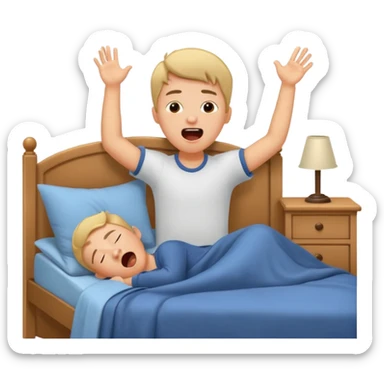 emoji- of a stretching boy waking up in bed sticker