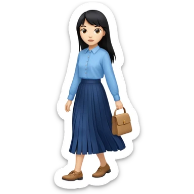 hair : black long hair with fringe 
skin : light 
cloth : oversize light blue shirt + navy long long skirt 
motion : walking 
carry: just hand sticker
