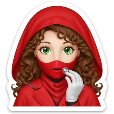 Lilith symbol sexy evil woman. She has green eyes.  had brown long curly hair.  evil surgeon kills with scalpel wears red sexy doctor coat with red mouth cover red gloves. Covers nose, neck  and mouth with Muslim red berka sticker