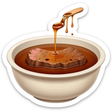 beef stock in a white bowl, clear brown liquid, no herbs or bones, emoji style sticker