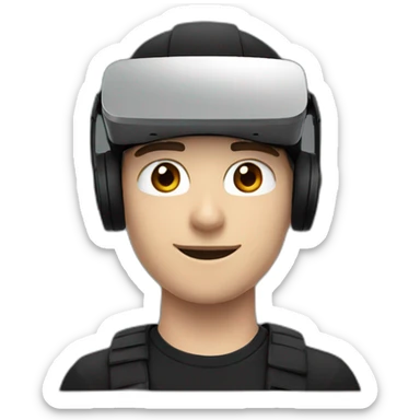 A white 19 year old guy, in a beanie, wearing a VR headset, in a black outfit with dark red accents sticker