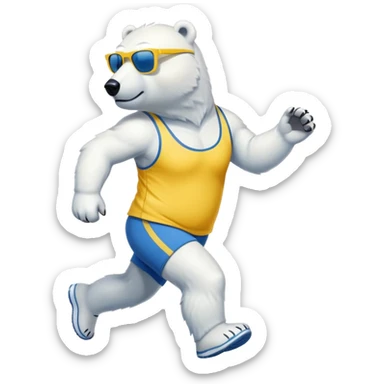 friendly anthropomorphised polar bear jogging upright, wearing blue and yellow athletic outfit and dark sunglasses sticker