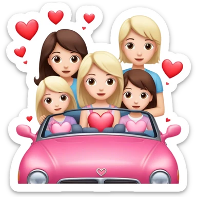 A mom, two daughters, and a brother in a convertible with hearts blowing behind the car sticker