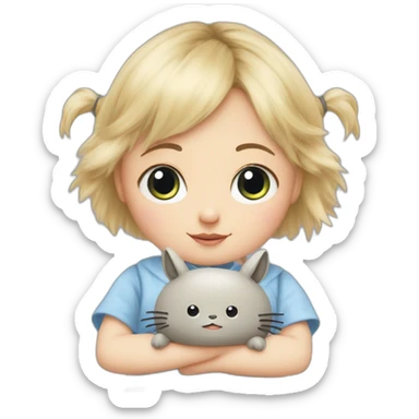 bébé fille blonde décoiffée aux yeux bleus avec une peluche Totoro  sticker