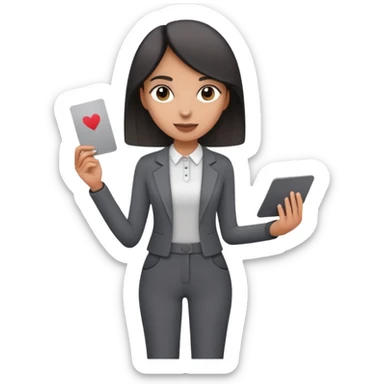 Woman in dark grey trousers holding a card in one hand sticker